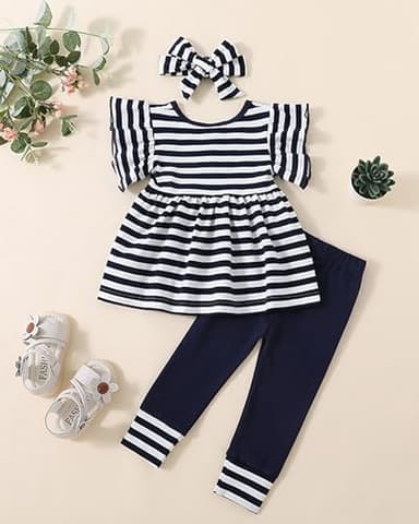 Doresbebe 18-24 Months Baby Clothes Toddler Outfits Floral Shirt Pants Infant Spring Summer Little Girl Clothes DarkBlue+Stripe - Image 3