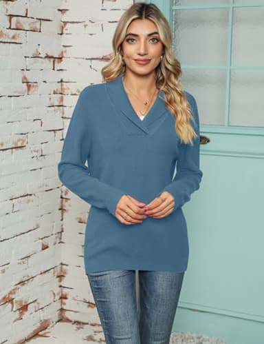 Ivicoer Sweaters for Women V-Neck Long Sleeve Pullover Casual Ladies Knit Collared Tops Fall Winter Work Classic Trendy Grey Blue - Image 2