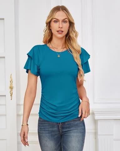 GRACE KARIN Women Dressy Tops Business Casual Tops Office Shirts Short Sleeve Trendy Tops Peacock Blue L - Image 3