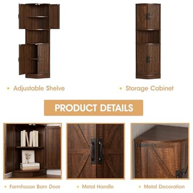 Vabches 64.8" Tall Farmhouse Corner Cabinet with 4 Doors and 5 Storage Shelves, Farmhouse Storage Cabinet with Barn Door Design, Home Space Saver for Living Room, Kitchen, Laundry Room,Brown - Image 4
