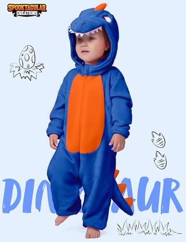Spooktacular Creations Halloween Dinosaur Pajama, Baby Dinosaur Costume Blue Toddler Hooded Jumpsuit, Dragon Zip-up Pajama Jumpsuit for Baby Boys Girls Halloween Costume Cosplay Themed Parties - Image 2