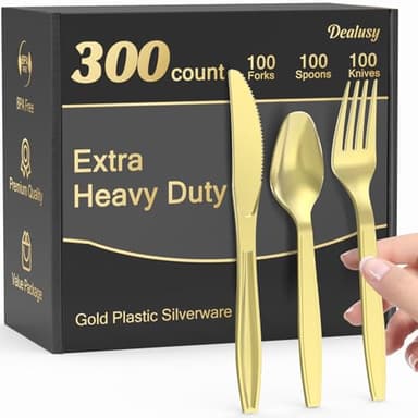 Dealusy 300 Count Extra Heavy Duty Gold Plastic Silverware, 100 Forks, 100 Spoons, 100 Knives, BPA-Free, Heat Resistant, Disposable Plastic Utensils Set, Plastic Cutlery Set, Plasticware Bulk - Image 1