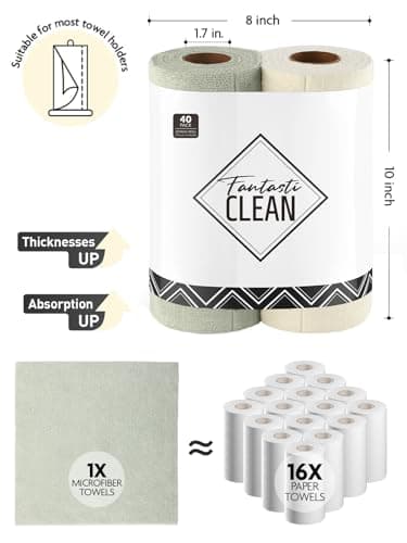 Fantasticlean Tear Away Dish Cloth - 40 Sheets - 10'' by 10'', Reusable Washable Kitchen Towel Rolls, Super Absorbent and Thick Microfiber Cleaning Cloths (2 Rolls of Beige and MossGreen) - Image 2