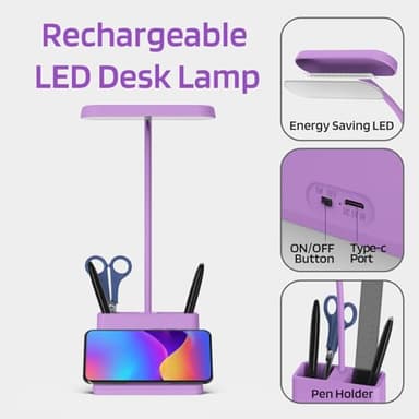 AXX Cute Purple Desk Lamp, Rechargeable Study Table Light for Home Office, Small, Battery Operated, LED, Flexible Gooseneck, Mini, Cordless, College Dorm Room Desktop Accessories for Teen Girls - Image 4
