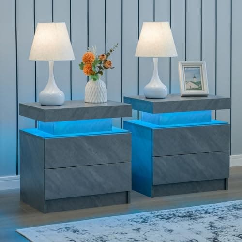 i-aplus Grey Night Stand Set 2 Modern Bedside Tables with 2 Drawers Bedroom Night Stands Set of 2 LED Night Stand for Bedroom, Living Room - Image 1
