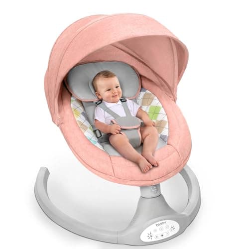Bioby Baby Swing for Infants with 5 Natural Sway Speeds, Portable Bt Music Baby Bouncer with Remote Control & 5-Point Harness, Lightweight Baby Rocker for 5-20 Lb,0-12 Months Pink - Image 1