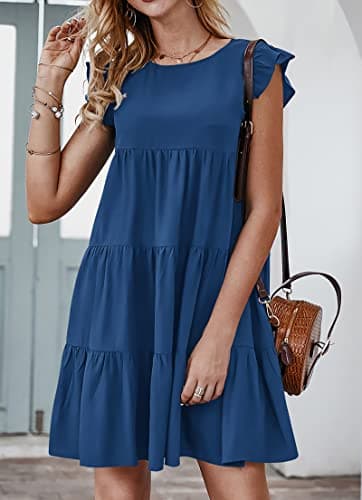KIRUNDO Casual Summer Dresses Women's Sleeveless Ruffle Sleeve Round Neck Solid Loose Short Flowy Pleated Mini Babydoll Dress (Dark Blue, Large) - Image 4