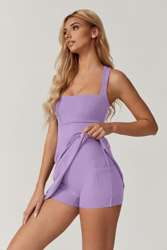 QINSEN Womens Square Neck Tennis Dress Sleeveless Built in Shorts Golf Athletic Dress with Pockets Light Purple S - Image 4