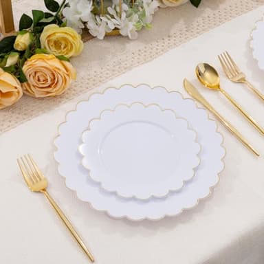 LIYH 120 Pcs White Plastic Plates Wedding Plates Disposable Heavy Duty Scalloped Plastic Plate Includes: 60 Dinner 10.25" & 60 Dessert Plate 7.5" Elegant Gold Rim Suitable for Bridal Shower Party - Image 6