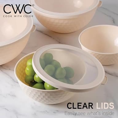 COOK WITH COLOR Mixing Bowls with Lids - 12 Piece Plastic Nesting Bowls Set includes 6 Prep Bowls and 6 Lids, Non Slip Bottom and Embossed Design - Microwave Safe (Cream) - Image 5