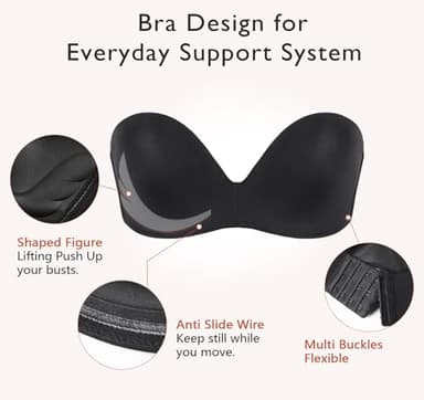 DotVol Women Strapless Push Up Bra Custom Lift Invisible Wing Shape Anti-Slip Wirefree Bra(Wing Pure Black,38B) - Image 4