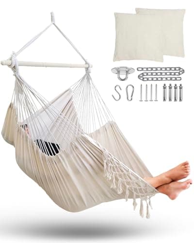 MIZTLI Hammock Chair Hanging Chair Swing Chair XXL Large Macrame Swing Indoor Hammock for Bedroom - Max 500 Lbs - 2 Cushions & All Hanging Kit Included - Image 1