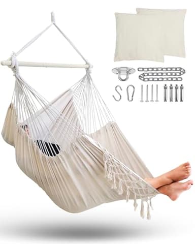 MIZTLI Hammock Chair Hanging Chair Swing Chair XXL Large Macrame Swing Indoor Hammock for Bedroom - Max 500 Lbs - 2 Cushions & All Hanging Kit Included - Image 1