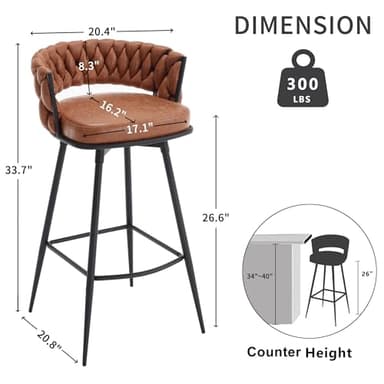 BFZ 26inch Bar Stools Set of 4, Counter Height Bar Stools, 180° Swivel Suede Fabric Stool Chairs with Woven Back and Footrest for Kitchen Island, Cafe, Pub, Bar Counter - Image 2