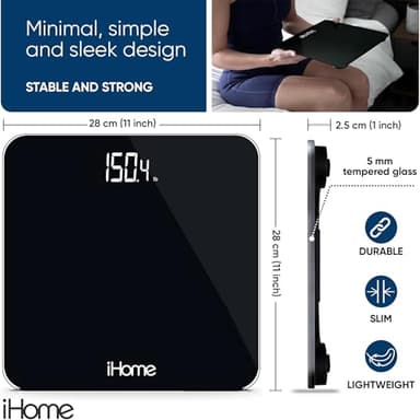 iHome Digital Scale, Bathroom Scale, Batteries Included, Scale Body Weight, Weight Scale, Bathroom Scales for Weight, Digital Scales for Body Weight (Black) - Image 2