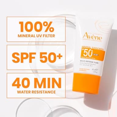 Avène Mineral Sunscreen Multi-Defense Fluid SPF 50+, Clean Formula Sunscreen for Sensitive Skin, Sheer, Water Resistant, Non-Whitening, Antioxidant Protection, 1.3 Fl Oz - Image 4