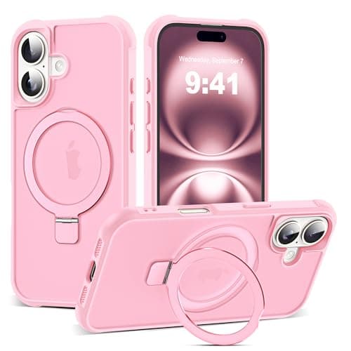 SKYLMW Compatible with iPhone 16 Case with Invisible Magnetic O-Ring Stand Military-Grade Translucent Case for iPhone 16 6.1" [Compatible with Mag-Safe][Great Grip Feeling], Pink - Image 1