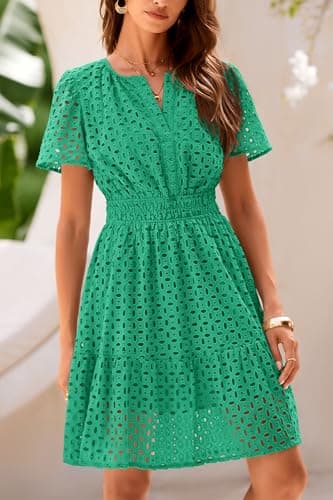PRETTYGARDEN Womens 2025 Summer Short Dress V Neck Short Sleeve A Line Hollow Out Lace Ruffle Cute Casual Beach Party Dresses (Green,Medium) - Image 4