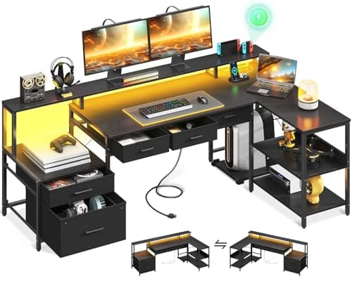 AODK L Shaped Desk with 5 File Drawers, 66" Reversible L Shaped Computer Desk with Power Outlet & LED Strip, Office Desk with Storage Shelves, Gaming Desk with Monitor Shelf, Corner Desk, Black - Image 1