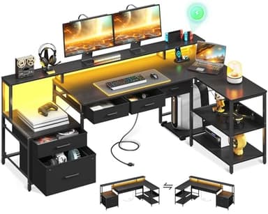 AODK L Shaped Desk with 5 File Drawers, 66" Reversible L Shaped Computer Desk with Power Outlet & LED Strip, Office Desk with Storage Shelves, Gaming Desk with Monitor Shelf, Corner Desk, Black - Image 1