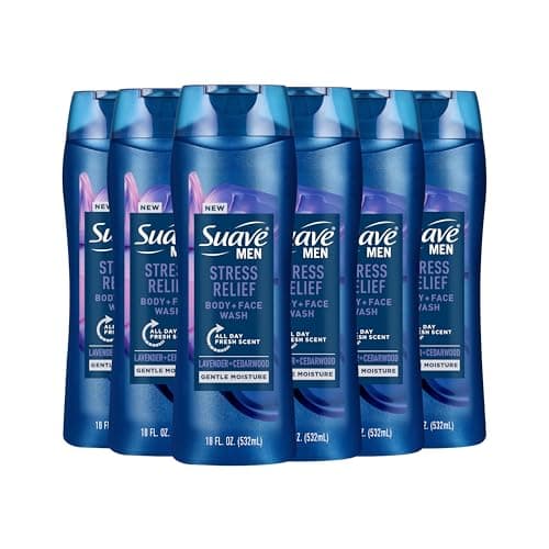 Suave Men’s Stress Relief Body + Face Wash, Gentle Moisture with Lavender & Cedarwood All Day Fresh Scent, 18 oz, 6 Pack - Image 1