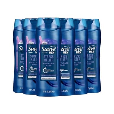 Suave Men’s Stress Relief Body + Face Wash, Gentle Moisture with Lavender & Cedarwood All Day Fresh Scent, 18 oz, 6 Pack - Image 1