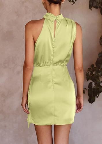 PRETTYGARDEN Women's Short Formal Satin Dress Summer Sleeveless Mock Neck Tie Waist Cocktail Party Dresses (Tender Green,Small) - Image 2