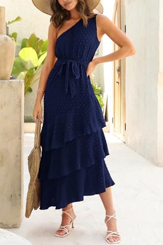 PRETTYGARDEN Women's Summer Floral Sundress Casual One Shoulder Tiered Ruffle Flowy Midi Beach Boho Dresses (Swiss Dot Navy,Large) - Image 8