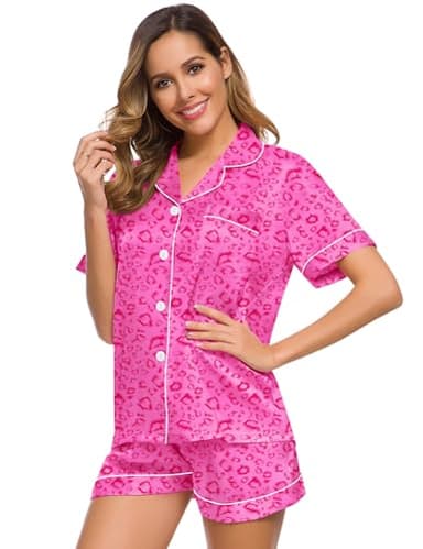 SWOMOG Womens Silk Satin Pajamas Set Two-piece Pj Sets Sleepwear Loungewear Button-Down Pj Sets Hot Pink Leopard Large - Image 4