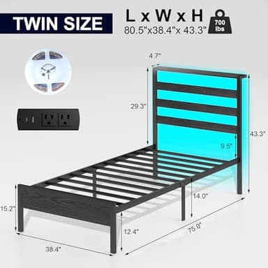 J.Fkne Twin Bed Frame with LED Lights & Charging Station, Storage Headboard, Heavy Duty Metal Slats, No Box Spring Needed, Noise-Free, Easy Assembly, Black - Image 2