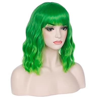 incohair 14 Inches Green Ombre Wig with Bangs Women Short Curly Wavy Bob Wig Shoulder Synthetic Halloween Party Wigs Wig Cap Included (Ombre Green - Image 2