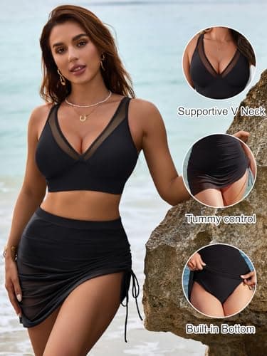 Blooming Jelly Womens Swim Dress High Waisted Bikini Sets Tummy Control Bathing Suits Slimming Swimwear (L, Black) - Image 2