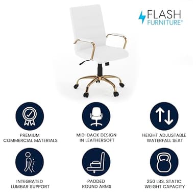 Flash Furniture Whitney Mid-Back Swivel LeatherSoft Desk Chair with Padded Seat and Armrests, Adjustable Height Padded Office Chair, White/Gold - Image 4