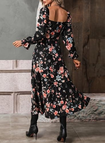BLENCOT Women's Floral Print Puff Long Sleeve Maxi Dress Sexy Square Neck Tie Front Ruffle Hem Split A-line Beach Dresses Black L - Image 3