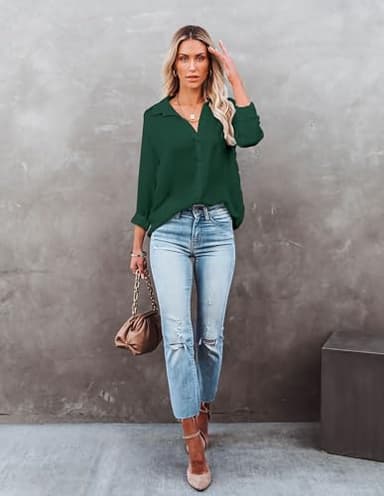 Diosun Womens Button Down V Neck Shirts Long/Short Sleeve Office Casual Business Plain Blouses Tops (XX-Large, Dark Green) - Image 3