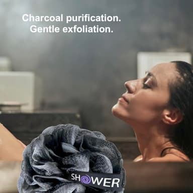 SHOWER BOUQUET Loofah-Charcoal Back-Scrubber & Bath-Sponge Set // 1 Long-Handle-Back-Brush Plus 2 Extra Large 75g Soft Mesh Loofa-Lufa-Loufa Puff Poufs, Men & Women - Exfoliate with Full Pure Cleanse - Image 3