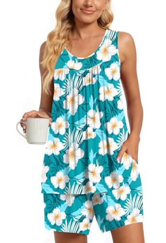 TAOHUADAO Womens Summer 2 Piece Pajama Sets, Sleeveless Tunic Tops with Shorts, Lounge Sleepwear Ladies Pjs Sets with Pockets 4XL, Blue-White Freesias - Image 1