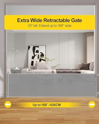 AOURMKOOP 168 Inch Extra Wide Retractable Baby Gate,Mesh Large Baby Gate or Mesh Pet Dog Gate, Opening Wide Extra Long Child Safety Gate for Indoor, Outdoor, Stairs, Deck（Grey,33"x168" - Image 2