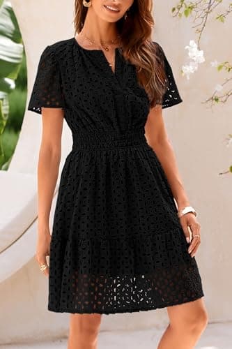 PRETTYGARDEN Womens 2025 Summer Short Dress V Neck Short Sleeve A Line Hollow Out Lace Ruffle Cute Casual Beach Party Dresses (Black,X-Large) - Image 5