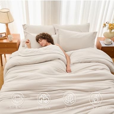 MUXHOMO 7 Pieces Queen Comforter Set, Soft Bed in a Bag Queen Size, All Season Bedding Set with Comforter, Flat Sheet, Fitted Sheet, Pillowcases & Shams, Beige - Image 2