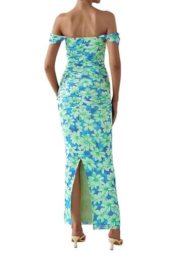 PRETTYGARDEN Maxi Dresses for Women 2025 Summer Elegant Floral Off Shoulder Ruched Mesh Cocktail Wedding Guest Dress (Light Green Daisy,Medium) - Image 4