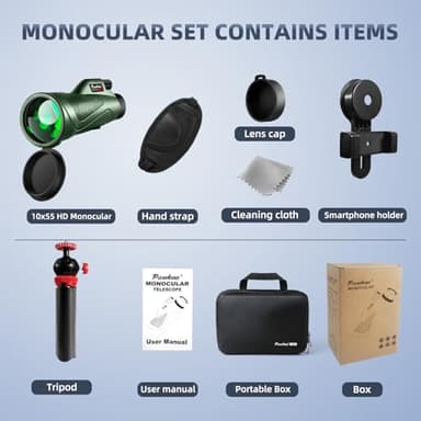 Pankoo 10x55 HD Monocular, BAK4 Prism and FMC Lens, Wide Field of View for Bird Watching, Backpacking & Wildlife Viewing – Adjustable Eyecup, Rubber Armor Design - Image 7