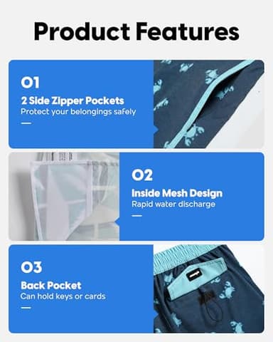 maamgic Men's Swim Trunks Board Shorts Vintage Beach Shorts 4 Way Stretch Quick Dry with Zipper Pockets Little Crab-Dark Blue Small - Image 4