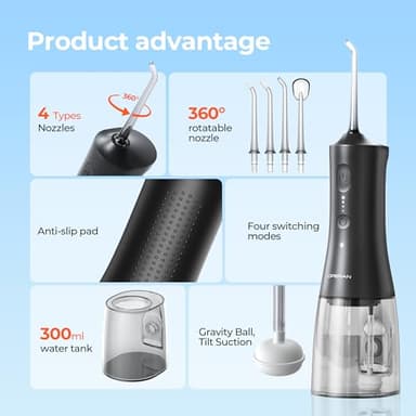 Operan Cordless Water Flossers for Teeth, 300ML Rechargeable Oral Irrigator with 4 Modes & 4 Nozzles, Portable Water Flossers for Adults, IPX7 Waterproof for Home and Travel, Black,01Pack - Image 5
