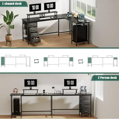 Korfile 66" L Shaped Computer Desk, 94.4'' Home Office Desk with Power Outlets, 4 Adjustable Storage Drawers & 2 Monitor Stands, Large Two Person Gaming Table for Writing Study, Black - Image 7