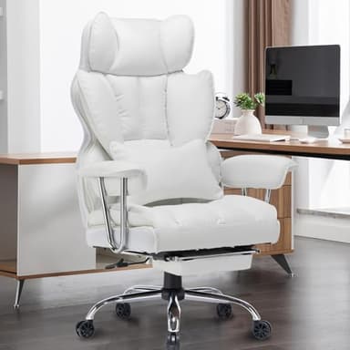Efomao Big and Tall Office Chair 400lbs – High Back PU Leather Executive Chair with Lumbar Support, Footrest, Swivel Base, Padded Armrests, and Rolling Wheels for Home Office, White Computer Chair - Image 1
