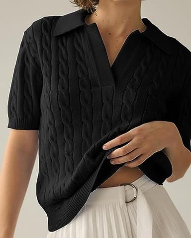 Imily Bela Women's Cable Short Sleeve Sweaters Tops Solid Lapel V Neck Knit Casual Soft Pullover Shirt Black - Image 2