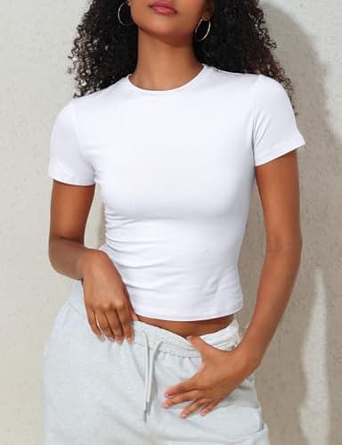 PrettyGuide Women's Casual Summer Basic Tops Crew Neck Short Sleeve Fitted T Shirt Trendy Baby Tee White M - Image 9