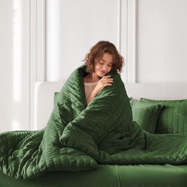 MUXHOMO 7 Pieces Queen Comforter Set, Seersucker Bed in a Bag Queen Size, All Season Luxury Bedding Set with Comforter, Flat Sheet, Fitted Sheet, Pillowcases & Shams, Dark Green - Image 8