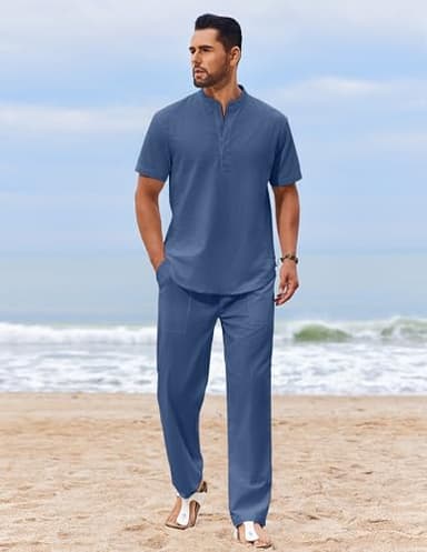 COOFANDY Men's 2 Piece Cotton Sets Casual Short Sleeve Henley Shirts and Yoga Beach Pants with Pockets Summer Vacation Outfit - Image 3